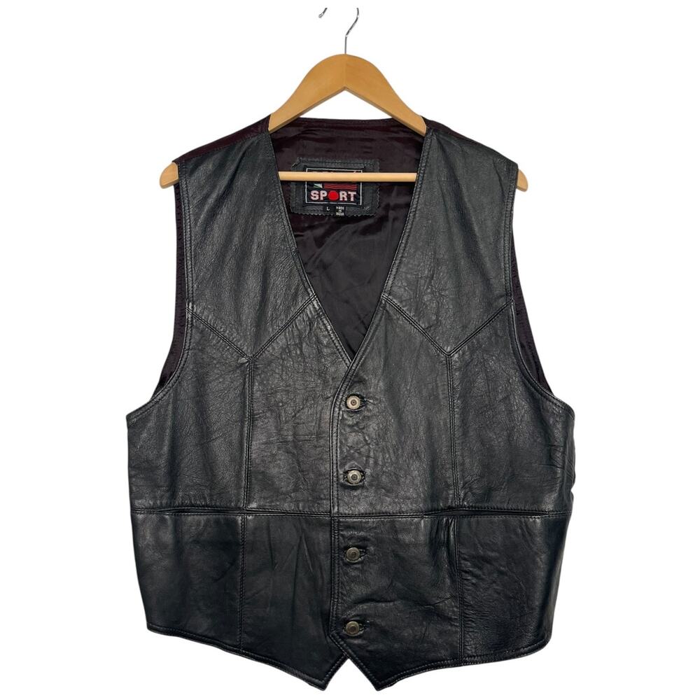 Vintage Pelle Sport Leather Vest Mens Large Black Biker Motorcycle Retro 90s Y2K